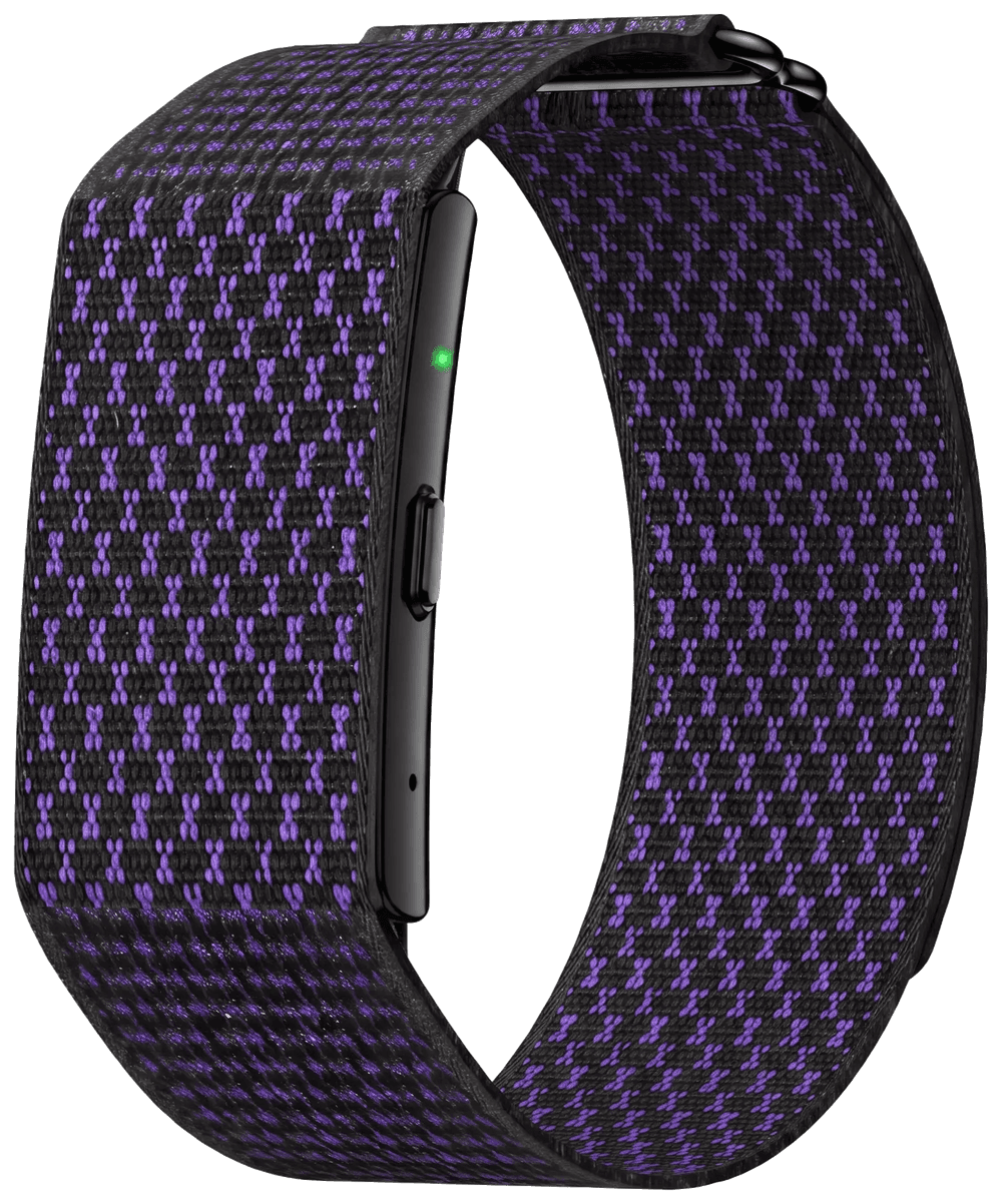 Bracelet FocusLM Capture : module noir sans écran sur un bracelet tissé noir et violet, avec un bouton et un voyant d'enregistrement